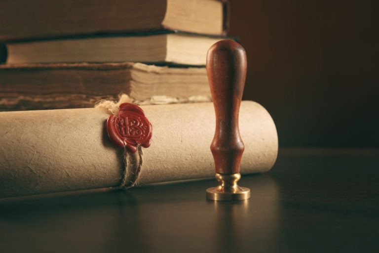 Notary's public pen and stamp on testament and last will. Notary public tools