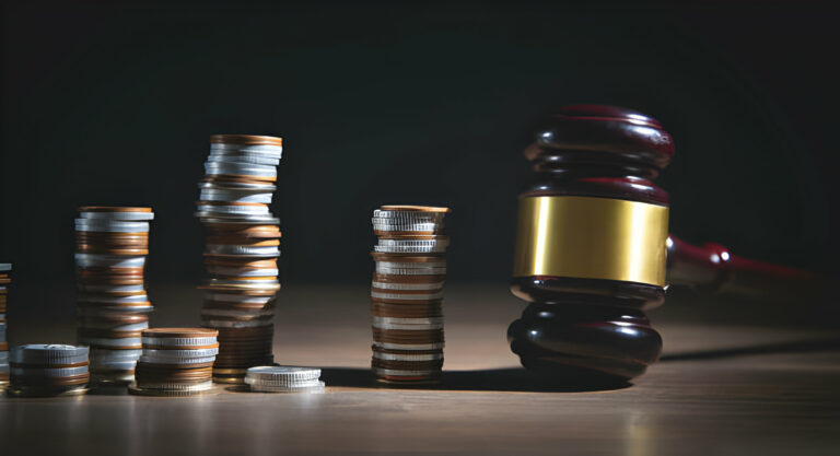 the cost of a divorce in kenya: coins with a wooden gavel on a desk