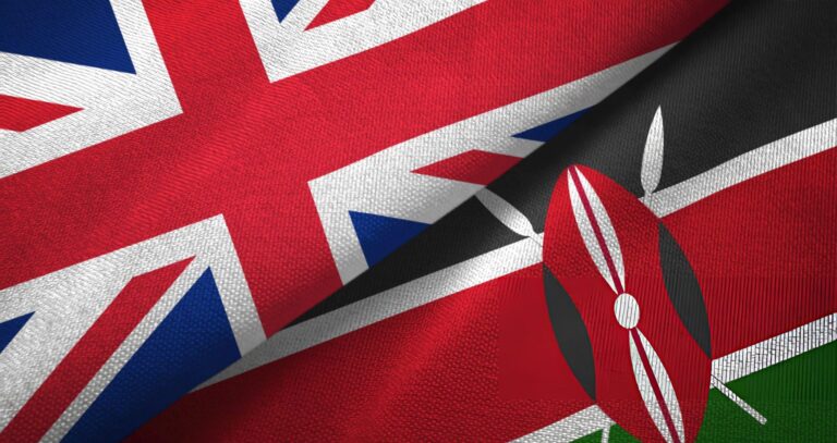Kenya and United Kingdom two flags together textile cloth